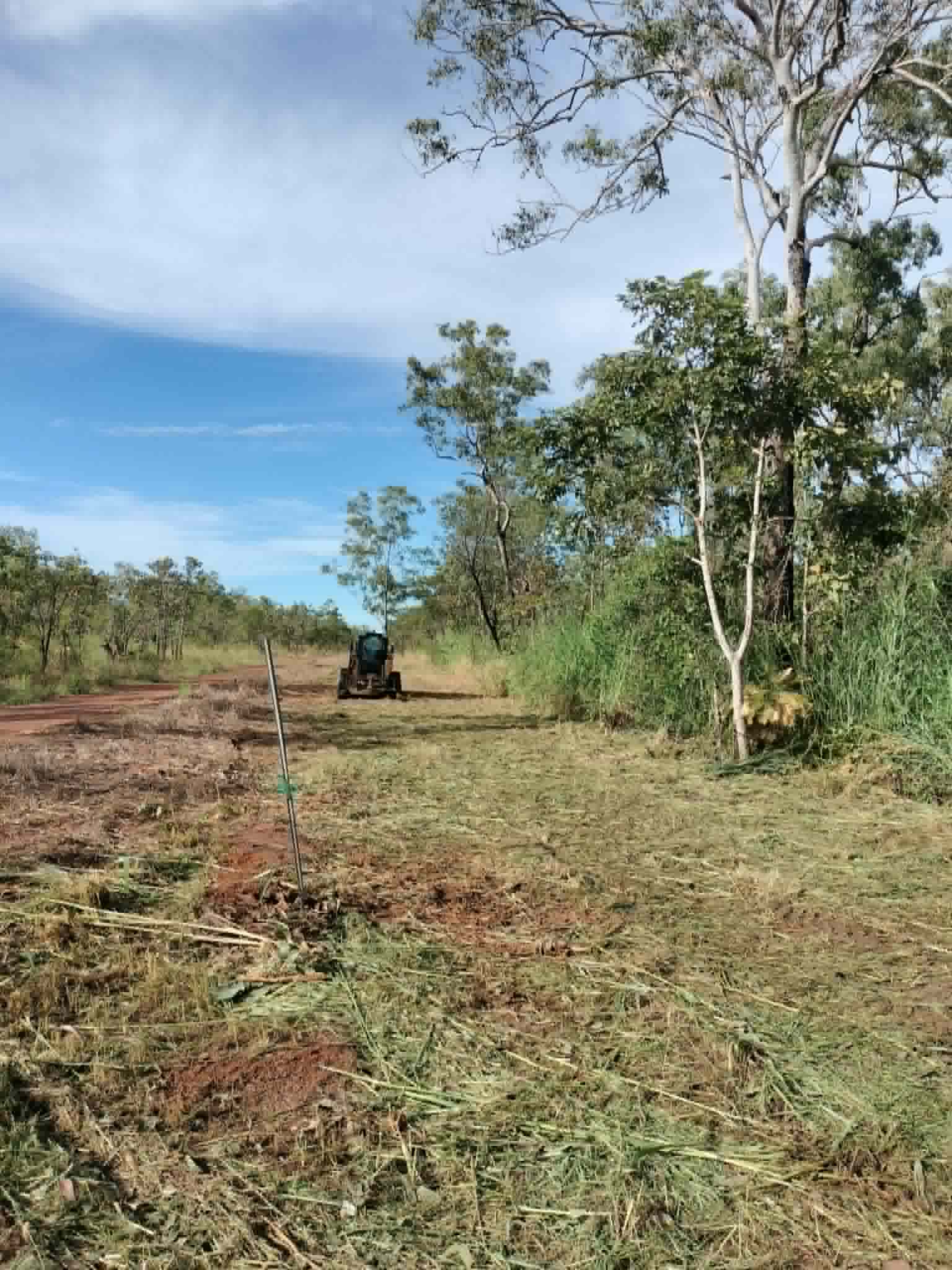 Bobcat with slasher clearing long grass on a Darwin block